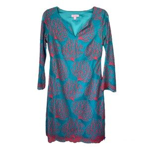 Lilly Pulitzer wendy dress size 4 split V-neck snorkel blue pink coral mesh lace
